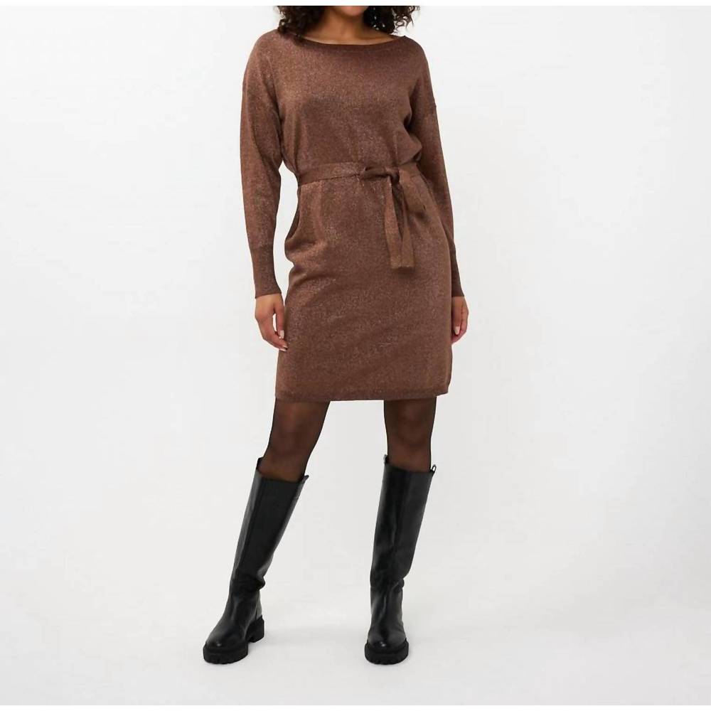 NEW ESQUALO wide lurex shimmer belted dress in brandy